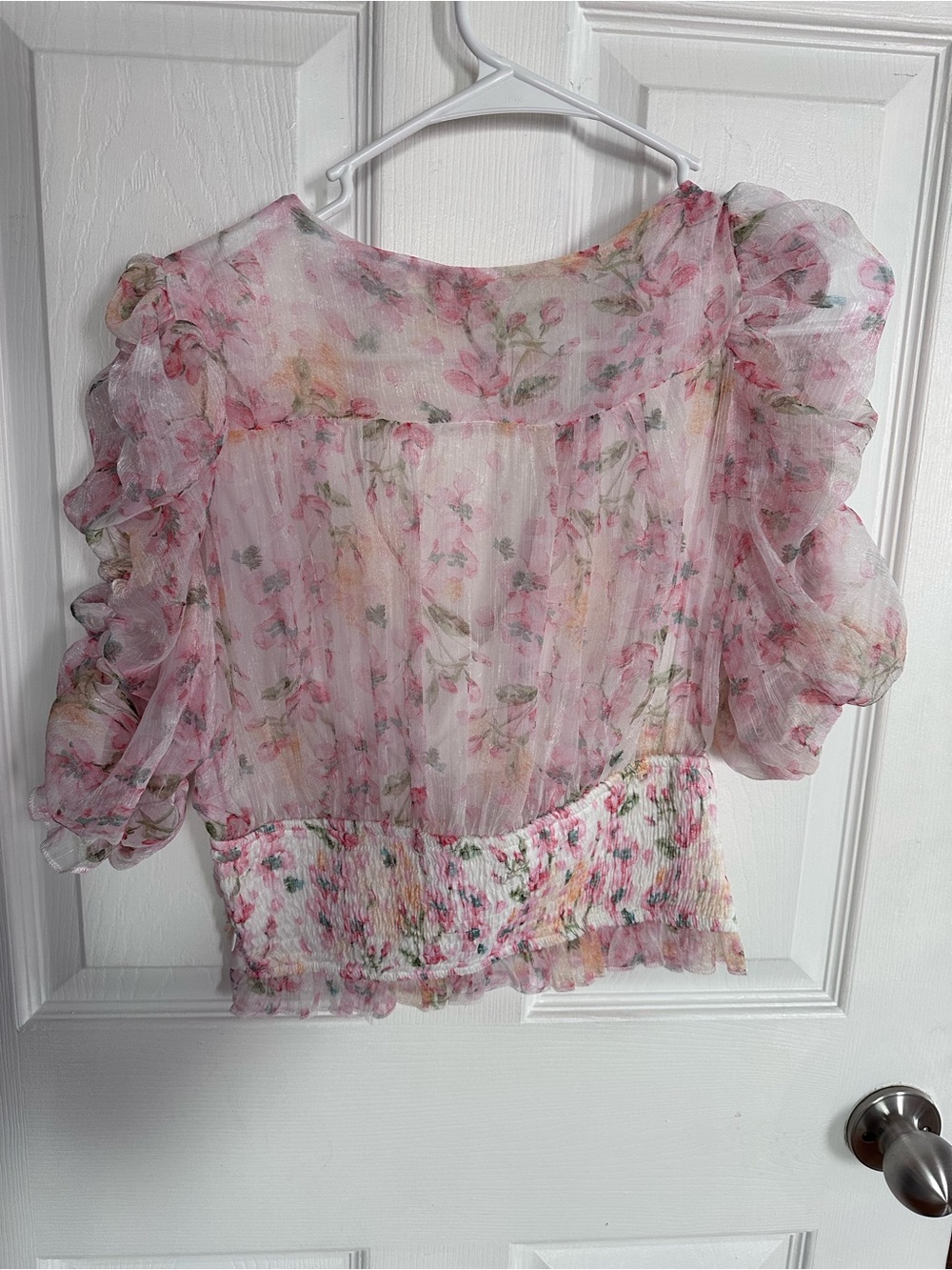 Pink Floral Ruffled V-Neck Blouse - Picture 2 of 2
